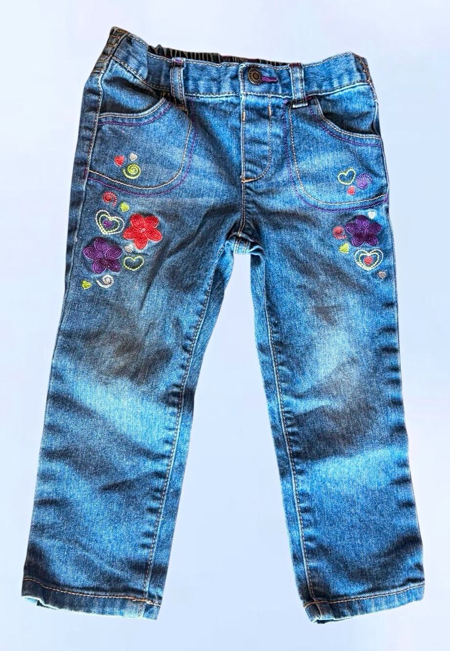 Vintage Healthtex Girls 24M Blue Denim Jeans Button Embroidered Heart Flower